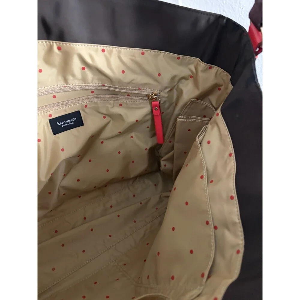 Kate Spade New York brown + red nylon + leather Baby Bag Tote messenger workbag